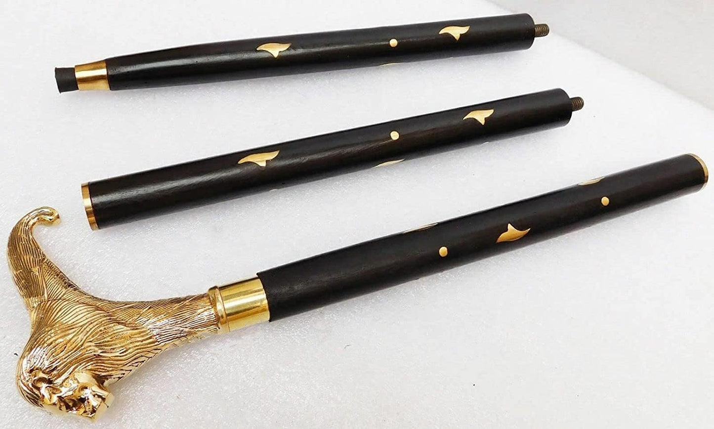 Brass Cane with Lion Head Black Solid Brass and Wood