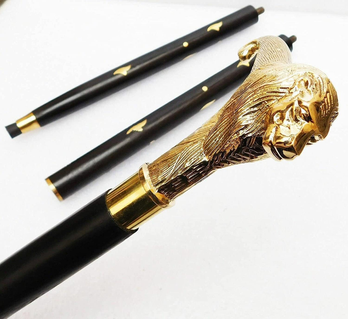 Brass Cane with Lion Head Black Solid Brass and Wood