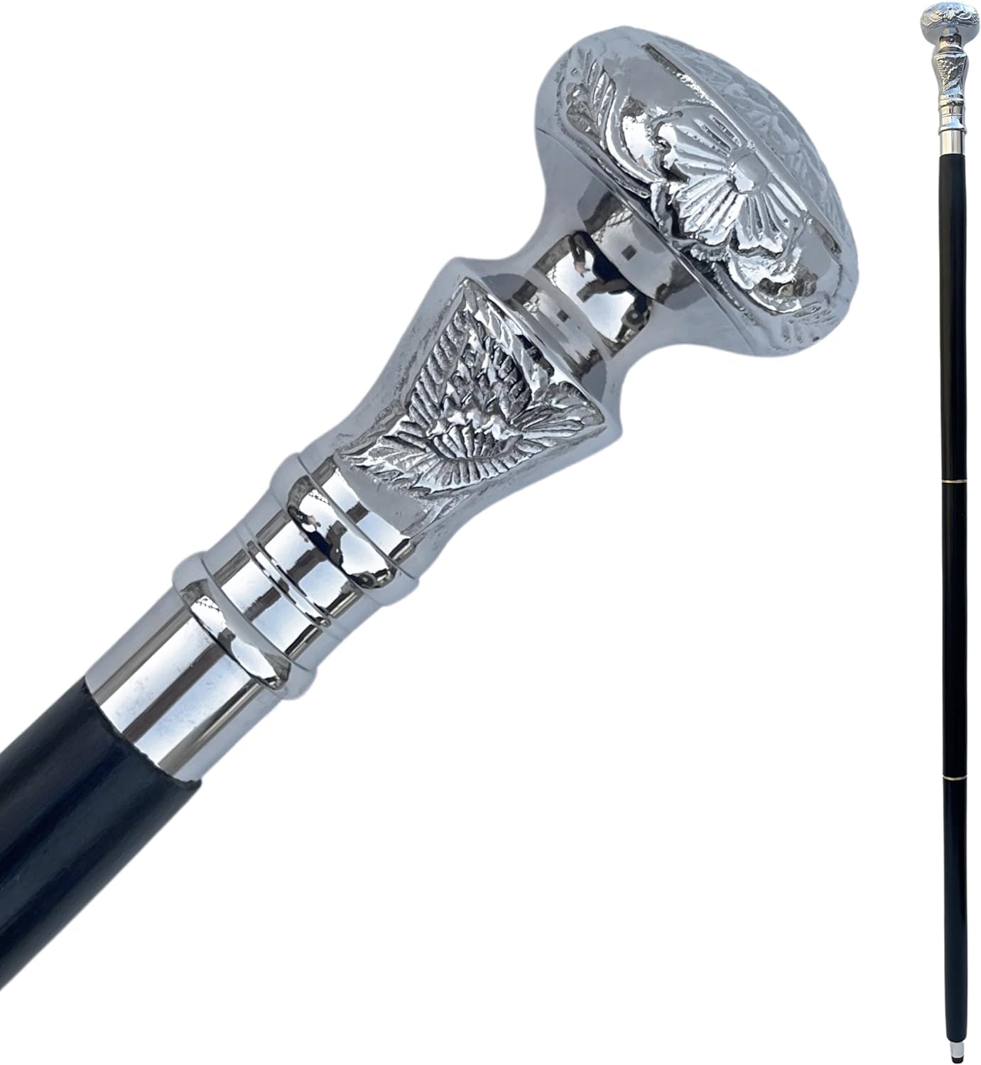 Walking stick cane with silver flowers decorated black button shooting